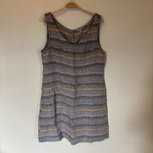 Toad & Co Women's Dress 100% Linen Stripe Button Up Sleeveless L Boho Lagenlook